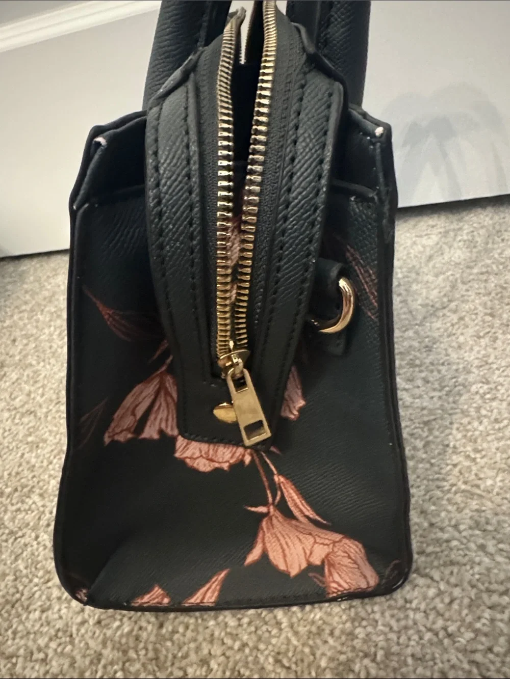 a new day Dark Green Satchel with Blush Pink Floral Print and Gold Accent